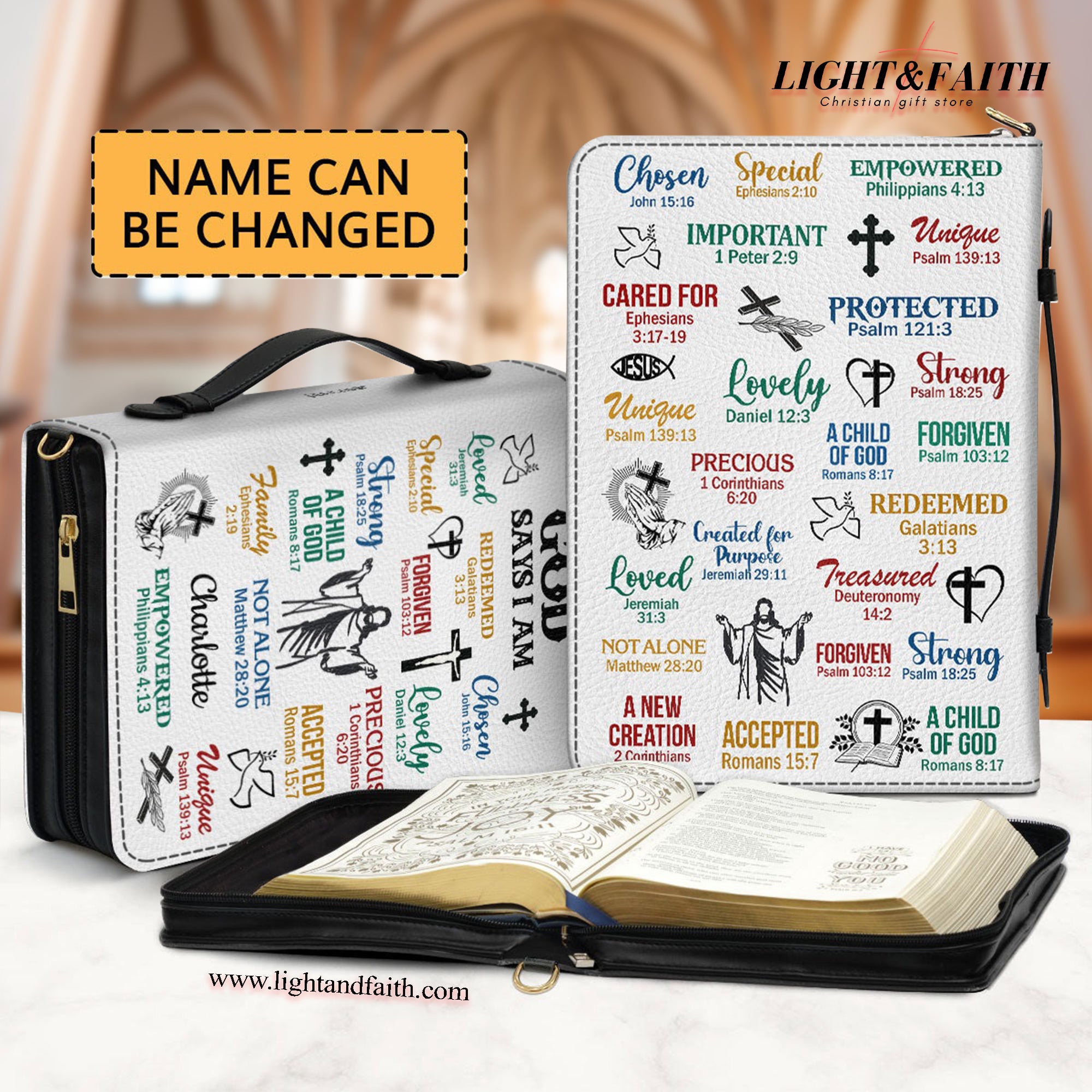 What God Says About You Leather Book Cover, Inspirational Gifts For Christians Prayers, Personalized Zippered Bible Cover With Handle. BCLAF02